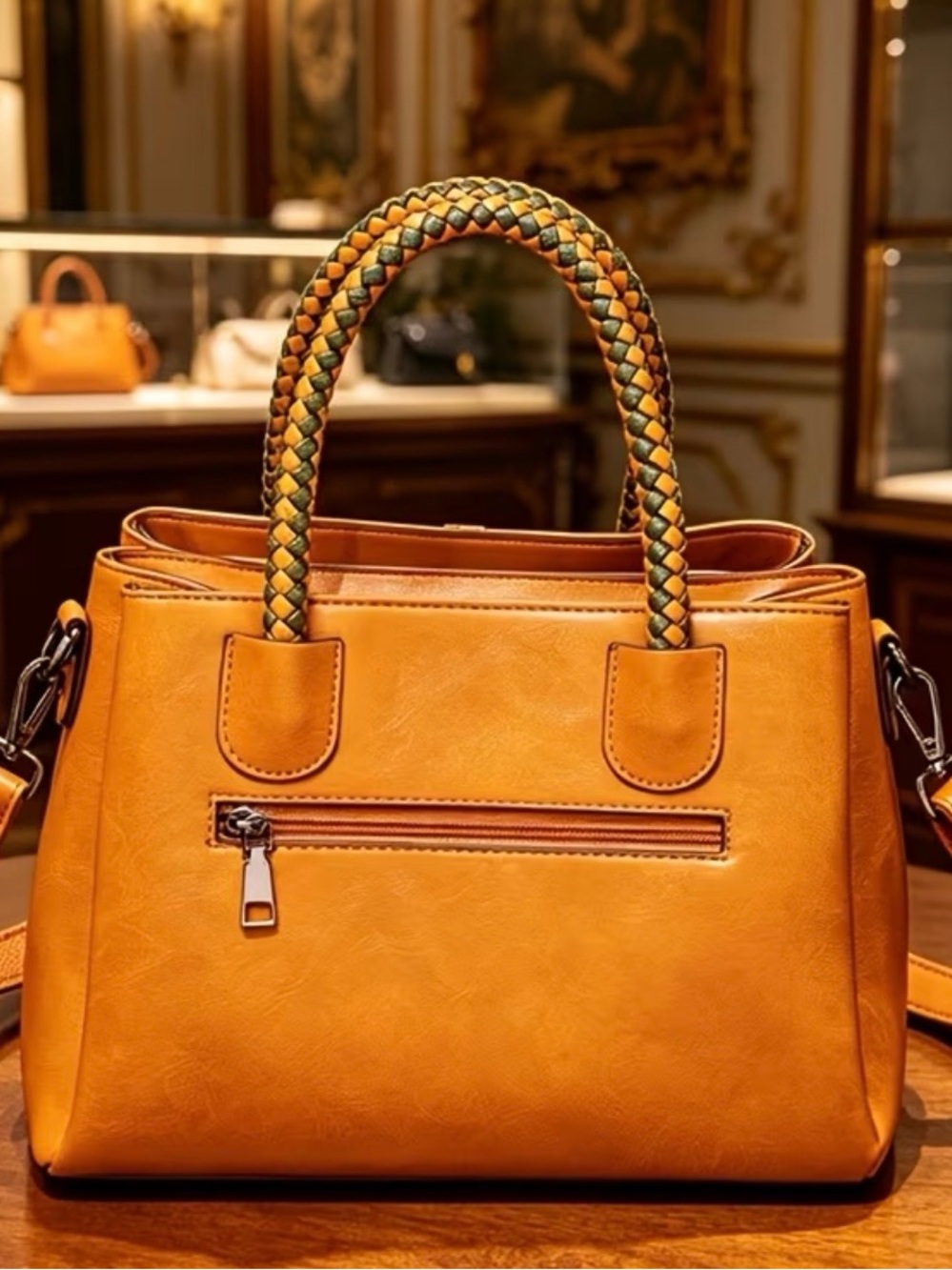 Brand New Stylish Women's Light Brown Satchel Handbag With Braided Handles